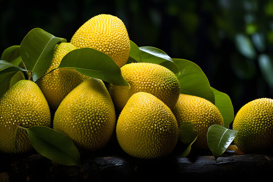 Photo of a vibrant pile of ripe yellow fruits on a rustic wooden table