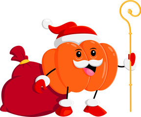 Cartoon pumpkin vegetable character with gifts bag. Christmas celebration funny veggie vector personage, winter holiday season cheerful vegetable, cute pumpkin in Santa Claus costume and scepter