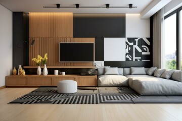 Stylish living space with wooden cubes, carpet, light, black-and-white vase, and personal items. Innovative flooring and wall details. Generative AI