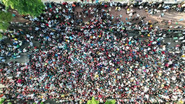 Aerial view of people doing massive political procession in Dhaka, Bangladesh.