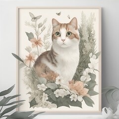  White and brown cat Art Print Botanical Wildlife