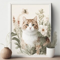  White and brown cat Art Print Botanical Wildlife