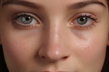 Fototapeta premium a macro close-up portrait of a face of a young white caucasian woman with perfect skin, freckles. Face details. Skin beauty and hormonal female health concept.