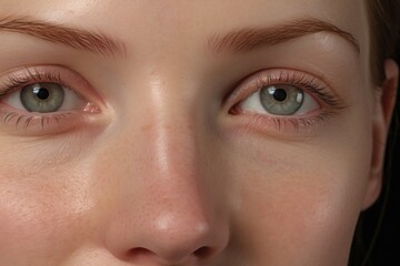 Obraz premium a macro close-up portrait of a face of a young white caucasian woman with perfect skin, freckles. Face details. Skin beauty and hormonal female health concept.