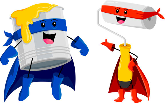 Cartoon funny paint can and roller superhero characters unite ready to conquer any wall with their comical charm and vibrant colors. Isolated vector diy tools, powerful supplies super hero personages