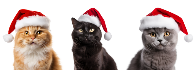 set of cats with santa claus hat, christmas cat  isolated on transparent background - Generative AI