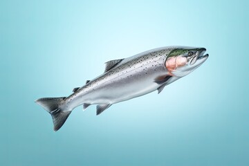 Fototapeta premium Advertisement studio banner with a raw slice of salmon fish flying in the air with water splashes on pastel plain gradient background. Food ingredient levitation