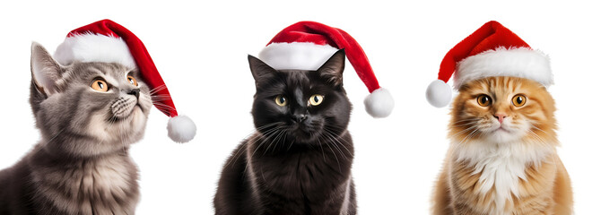 set of cats with santa claus hat, christmas cat  isolated on transparent background - Generative AI - obrazy, fototapety, plakaty