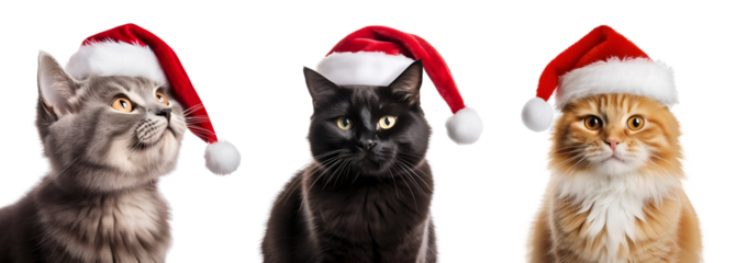 set of cats with santa claus hat, christmas cat  isolated on transparent background - Generative AI