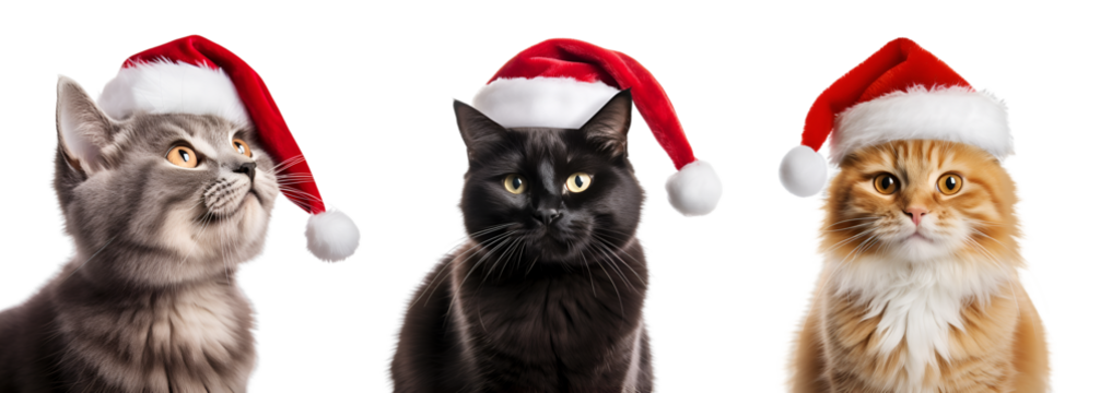 set of cats with santa claus hat, christmas cat  isolated on transparent background - Generative AI