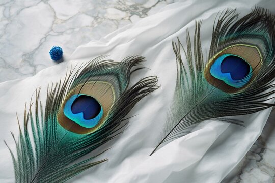 A pair of peacocks feathers placed on a blue cloth resting on a white marble surface. Generative AI