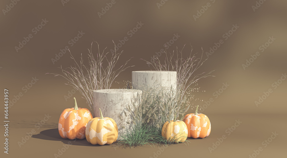 Leinwandbilder autumn scene with a podium for product display. 3d rendering.