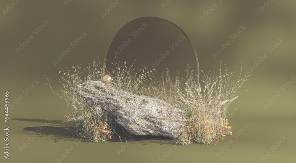 Poster Autumn scene with a podium for product display. 3D rendering.