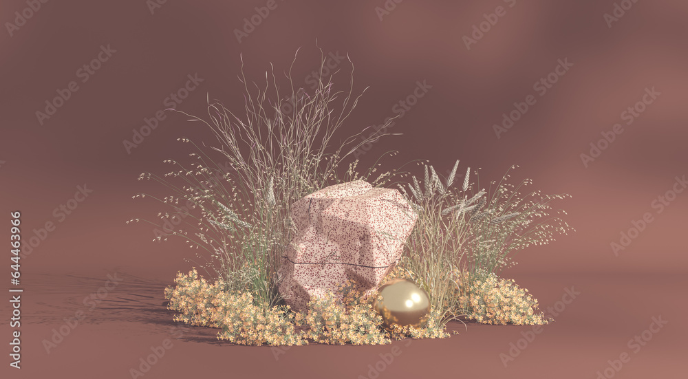 Fototapete autumn scene with a podium for product display. 3d rendering.