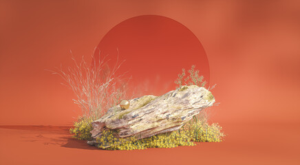 Autumn scene with a podium for product display. 3D rendering.