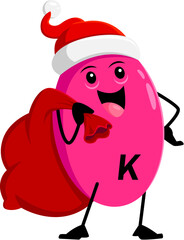 Cartoon Christmas vitamin K character dons a Santa hat, with a gift bag. Isolated vector cheerful Phytonadione Noel micronutrient capsule personage prepare healthy nutrient presents for Xmas holiday