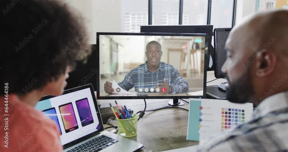 Poster African american business people on video call with african american male colleague on screen