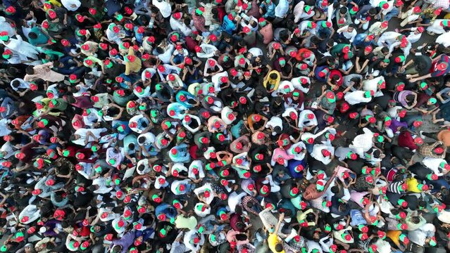 Aerial view of people doing massive political procession in Dhaka, Bangladesh.
