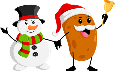 Cartoon potato vegetable character and snowman with jingle bell. Christmas greeting, happy New Year winter holiday or merry Xmas isolated vector cute potato veggie and snowman personages