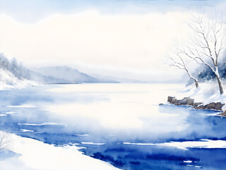 Winter watercolor sea view 