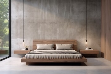 Cozy modern minimalistic scandinavian interior design of a spacious bedroom with wooden bed, concrete tiles floor, earthly tones and beige colors