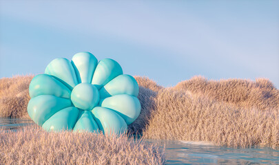 Abstract fall winter landscape scene with flower balloon. 3d rendering.