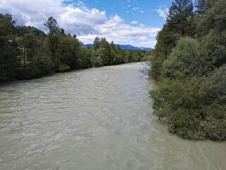 The swollen sava river after the floodings near Radovljica, Slovenia