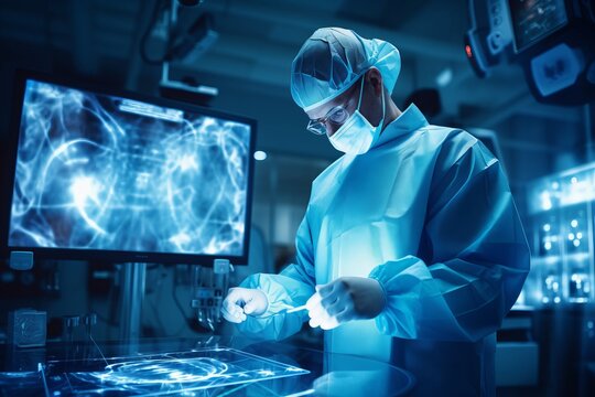 Cyber Overlay: A Male Doctor Working In A Futuristic Hospital With Medical High Tech Healthcare, Surgeon Team Preparing Operation On Heart Disease And Illness, Diagnose Analysis On Monitor