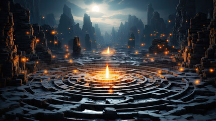 A large circular labyrinth with fire in the middle, dark art - obrazy, fototapety, plakaty