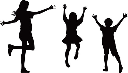 母子3人でジャンプするシルエット