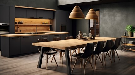 Cozy modern minimalistic scandinavian interior design of a spacious kitchen with wooden table and other elements, dark and black walls and kitchen cabinets, tiles on the floor, earthly tones