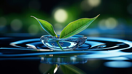 A green leaf floating in a bowl of water, concept of environmental protection