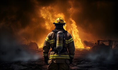 firefighter is looking at conflagration fire, generative ai