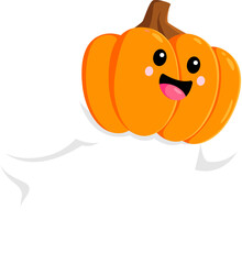 Cartoon Halloween kawaii ghost with pumpkin mask on head, vector funny boo character. Halloween horror holiday and trick or treat party funny cheerful cute ghost with scary pumpkin for kids event