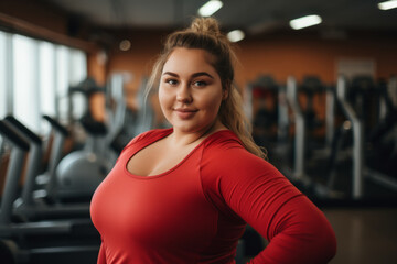 Beautiful chubby girl at the gym , overweight young woman doing exercises