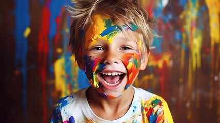 Beautiful young boy covered in colorful paint , smile , kid fun activity concept - obrazy, fototapety, plakaty