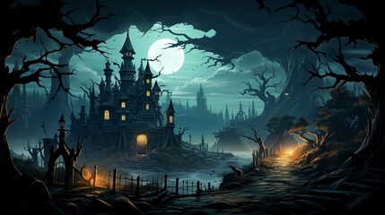 Fototapeta na wymiar 16:9 aspect ratio spooky halloween background wallpaper with scary haunted castle and trees