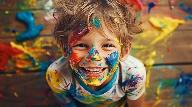 Beautiful young boy covered in colorful paint , smile , kid fun activity concept