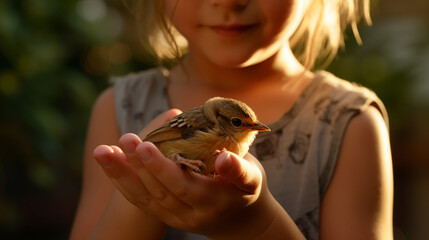 Child girl gently holding a small bird in her hands , animal protection concept - Powered by Adobe