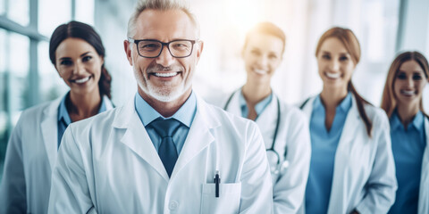 Hospital medical team banner with group of smiling healthy doctors and nurses