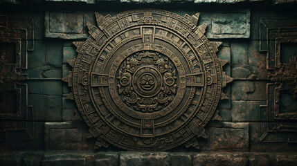 American Indian-inspired backdrop adorned with a Mayan or Aztec calendar motif on an aged wall, surrounded by a captivating empty space texture