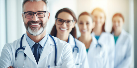 Hospital medical team banner with group of smiling healthy doctors and nurses