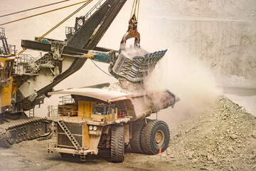 Electric rope shovel loading a dump truck at a copper mine in Chile