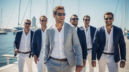 Group of successful adults men friends smiling, healthy rich 40 year old men in an harbor , casual chic clothing