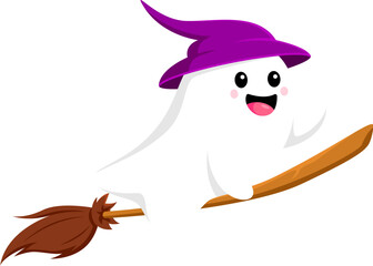 Cartoon Halloween kawaii ghost witch on broom character for horror holiday, vector funny poltergeist. Halloween spooky carnival celebration cartoon character of flying ghost in witch hat on broomstick