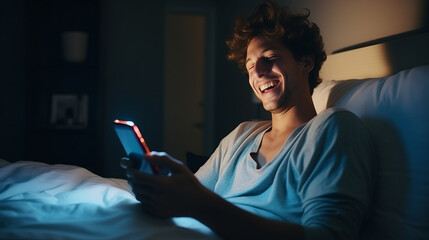 Happy young man lying in bed and smiling while holding and using his smartphone , mobile phone and screen time before sleeping concept