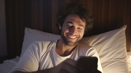 Fototapeta premium Happy young man lying in bed and smiling while holding and using his smartphone , mobile phone and screen time before sleeping concept
