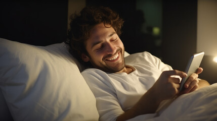 Fototapeta premium Happy young man lying in bed and smiling while holding and using his smartphone , mobile phone and screen time before sleeping concept