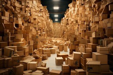 A warehouse filled with piles of cardboard boxes. Generative AI - obrazy, fototapety, plakaty