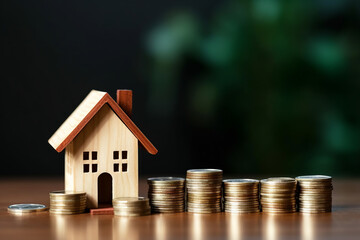 House model and coins money on the table for finance and banking concept , Property investment mortgage and home rental